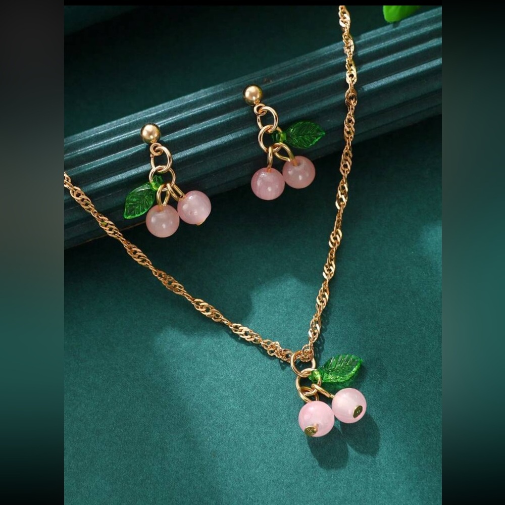 Baby pink cherry earring and necklace set